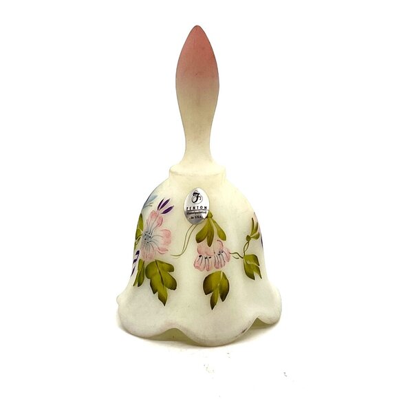 Fenton Handpainted White Frost Glass Bell Floral Design Signature S. Hart #2757 - Picture 1 of 15